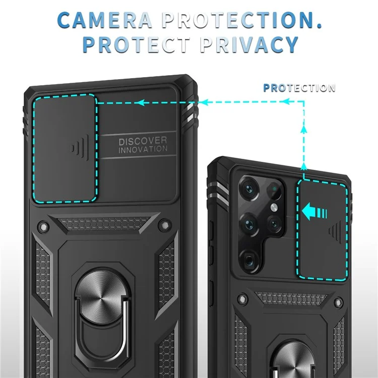 For Samsung Galaxy S22 Ultra 5G Phone Case Hard PC + Flexible TPU Protective Cover with Rotating Holder Kickstand and Camera Lens Protector - Black/Black