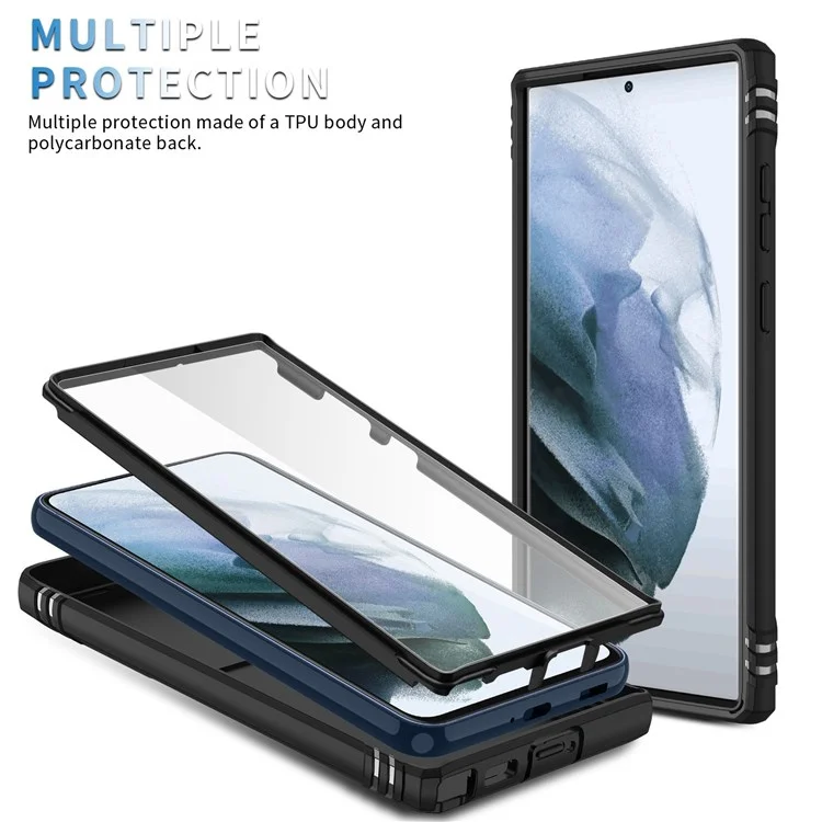 For Samsung Galaxy S22 Ultra 5G Phone Case Hard PC + Flexible TPU Protective Cover with Rotating Holder Kickstand and Camera Lens Protector - Black/Black