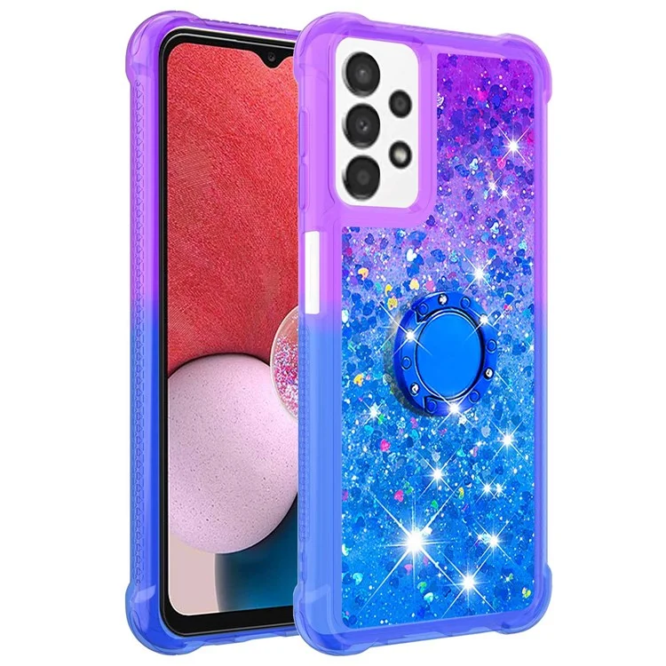 YB Quicksand Series-8 Liquid Gradient Case pour Samsung Galaxy A13 4G, Flottant Shiny Quicksand TPU Cover avec Bague Kickstand - Violet/Bleu