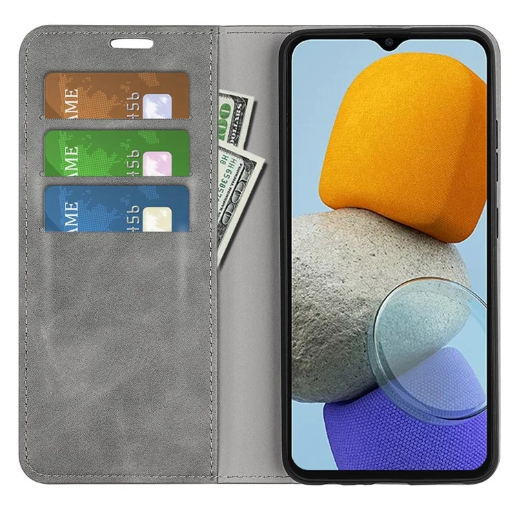 Housse de protection en cuir Skin-touch Folio Flip pour Samsung Galaxy M23 5G/F23 5G, étui portefeuille magnétique auto-absorbant avec support - Gris