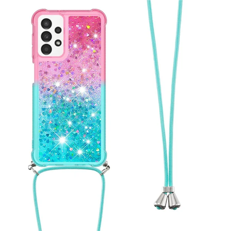 For Samsung Galaxy A13 4G TPU Case Gradiant Quicksand Shockproof Cover with Lanyard - Pink / Sky Blue