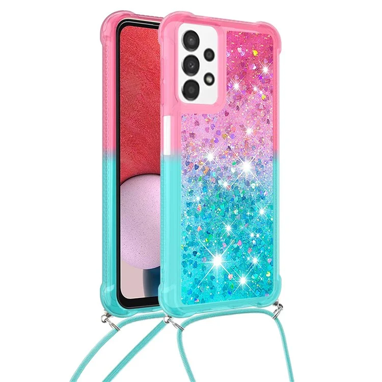 For Samsung Galaxy A13 4G TPU Case Gradiant Quicksand Shockproof Cover with Lanyard - Pink / Sky Blue