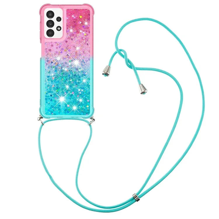 For Samsung Galaxy A13 4G TPU Case Gradiant Quicksand Shockproof Cover with Lanyard - Pink / Sky Blue
