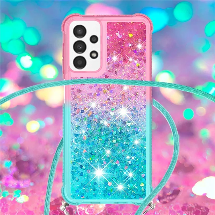 For Samsung Galaxy A13 4G TPU Case Gradiant Quicksand Shockproof Cover with Lanyard - Pink / Sky Blue