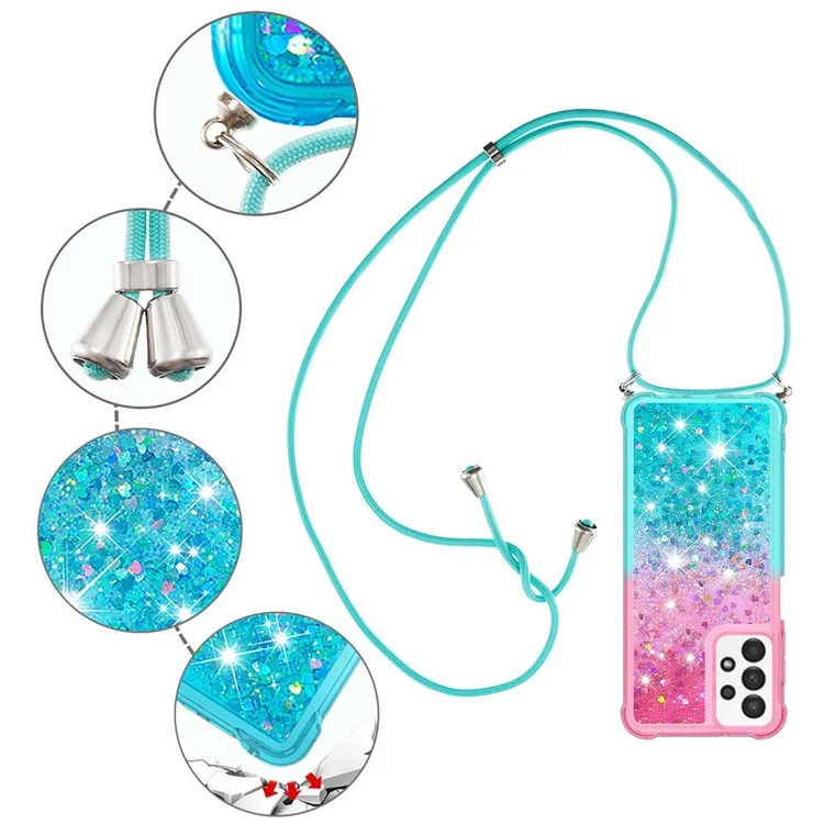 For Samsung Galaxy A13 4G TPU Case Gradiant Quicksand Shockproof Cover with Lanyard - Pink / Sky Blue