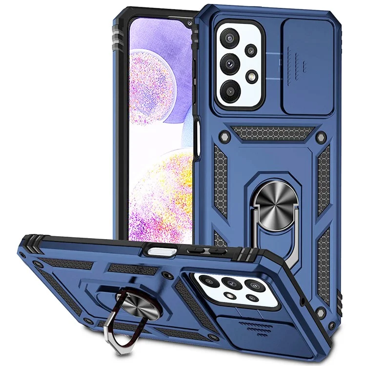 For Samsung Galaxy A23 4G / 5G (Global Version) PC + TPU Dual Layer Armor Case Slide Lens Protection Scratch-Resistant Cover with Built-in Rotate Magnetic Kickstand - Blue