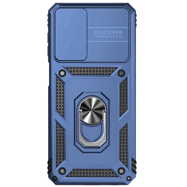 For Samsung Galaxy A23 4G / 5G (Global Version) PC + TPU Dual Layer Armor Case Slide Lens Protection Scratch-Resistant Cover with Built-in Rotate Magnetic Kickstand - Blue