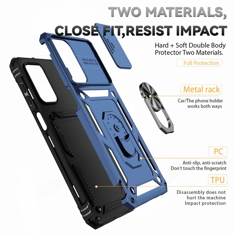 For Samsung Galaxy A23 4G / 5G (Global Version) PC + TPU Dual Layer Armor Case Slide Lens Protection Scratch-Resistant Cover with Built-in Rotate Magnetic Kickstand - Blue