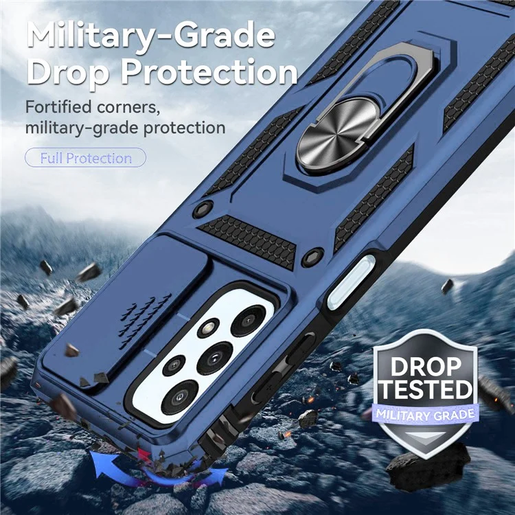 For Samsung Galaxy A23 4G / 5G (Global Version) PC + TPU Dual Layer Armor Case Slide Lens Protection Scratch-Resistant Cover with Built-in Rotate Magnetic Kickstand - Blue