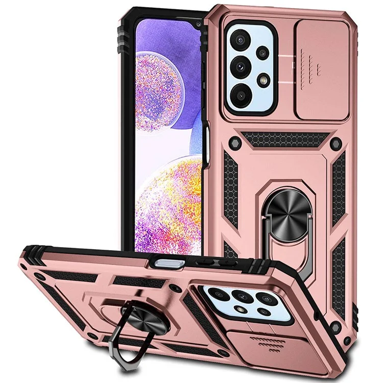 Pour Samsung Galaxy A23 4G / 5G (Version mondiale) Étui de protection en PC + TPU à double couche Armor Case Slide Lens Protection Scratch-Resistant Cover avec support magnétique rotatif intégré - Or rose