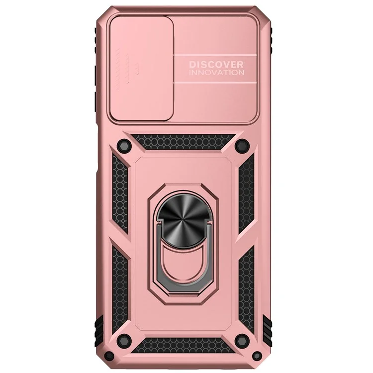 Pour Samsung Galaxy A23 4G / 5G (Version mondiale) Étui de protection en PC + TPU à double couche Armor Case Slide Lens Protection Scratch-Resistant Cover avec support magnétique rotatif intégré - Or rose