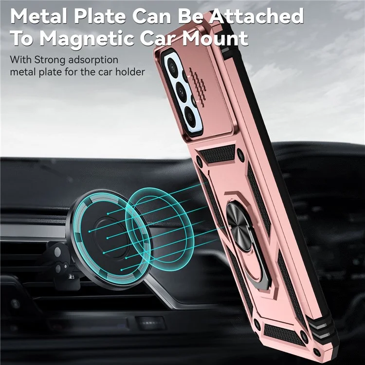 Pour Samsung Galaxy A23 4G / 5G (Version mondiale) Étui de protection en PC + TPU à double couche Armor Case Slide Lens Protection Scratch-Resistant Cover avec support magnétique rotatif intégré - Or rose