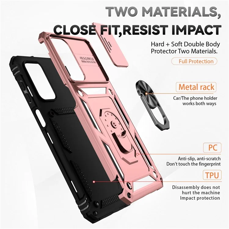 Pour Samsung Galaxy A23 4G / 5G (Version mondiale) Étui de protection en PC + TPU à double couche Armor Case Slide Lens Protection Scratch-Resistant Cover avec support magnétique rotatif intégré - Or rose