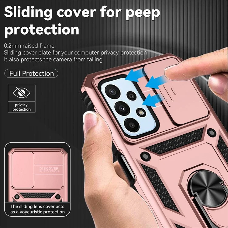 Pour Samsung Galaxy A23 4G / 5G (Version mondiale) Étui de protection en PC + TPU à double couche Armor Case Slide Lens Protection Scratch-Resistant Cover avec support magnétique rotatif intégré - Or rose