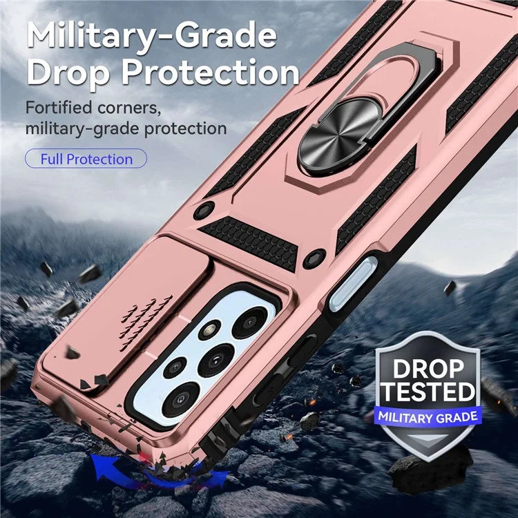 Pour Samsung Galaxy A23 4G / 5G (Version mondiale) Étui de protection en PC + TPU à double couche Armor Case Slide Lens Protection Scratch-Resistant Cover avec support magnétique rotatif intégré - Or rose