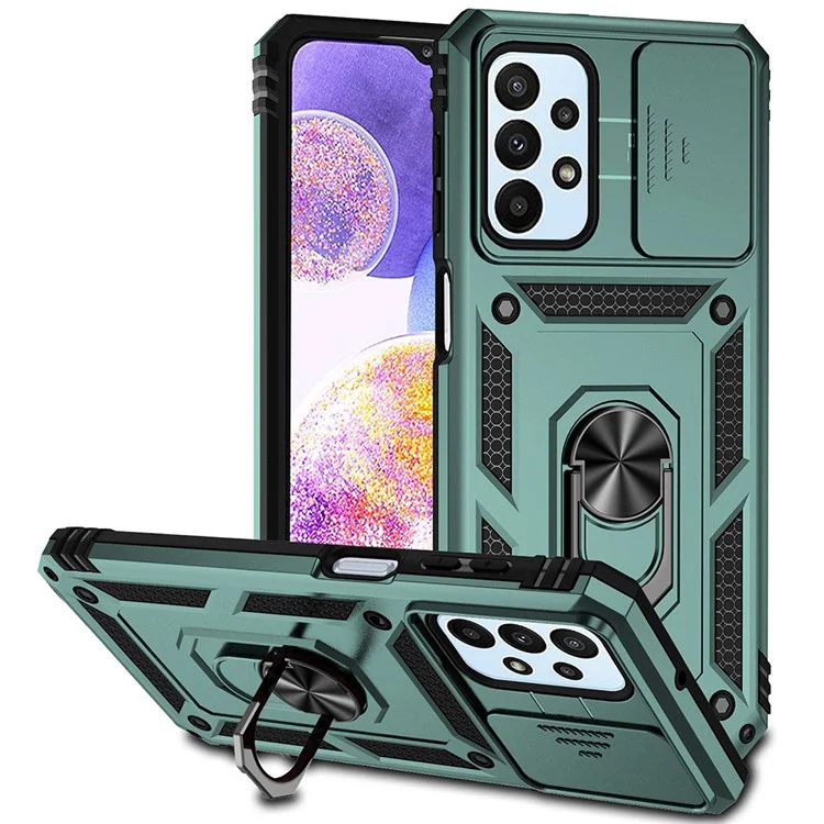 Für Samsung Galaxy A23 4G / 5G (Globale Version) PC + TPU Dual Layer Armor Case Slide Lens Protection Kratzsicher Abdeckung mit integriertem Rotationsstativ - Grün