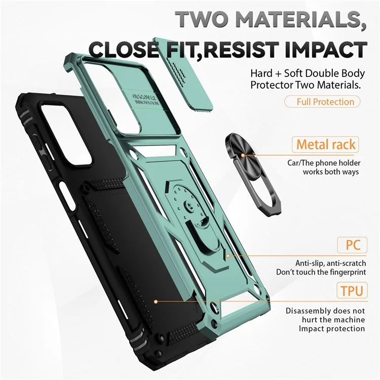 Für Samsung Galaxy A23 4G / 5G (Globale Version) PC + TPU Dual Layer Armor Case Slide Lens Protection Kratzsicher Abdeckung mit integriertem Rotationsstativ - Grün