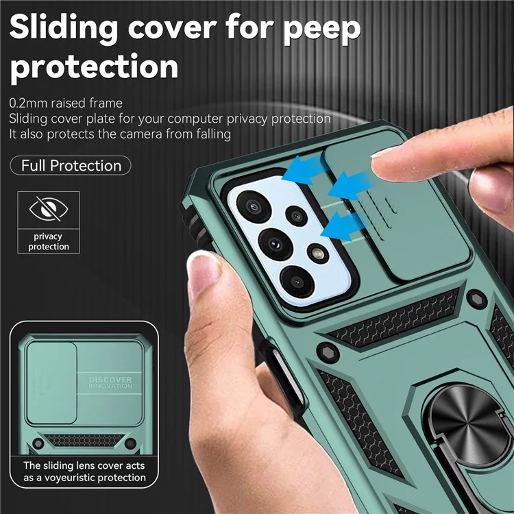 Für Samsung Galaxy A23 4G / 5G (Globale Version) PC + TPU Dual Layer Armor Case Slide Lens Protection Kratzsicher Abdeckung mit integriertem Rotationsstativ - Grün