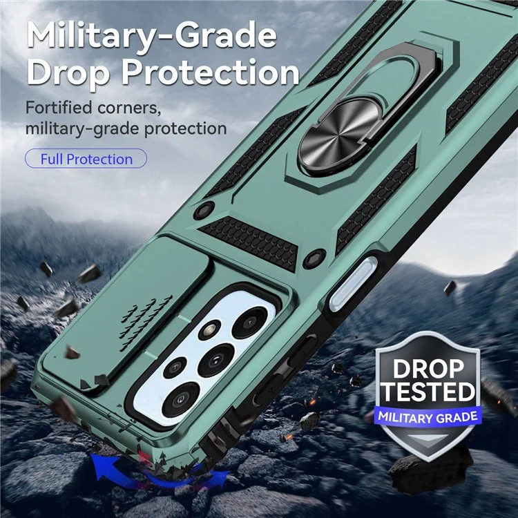 Für Samsung Galaxy A23 4G / 5G (Globale Version) PC + TPU Dual Layer Armor Case Slide Lens Protection Kratzsicher Abdeckung mit integriertem Rotationsstativ - Grün