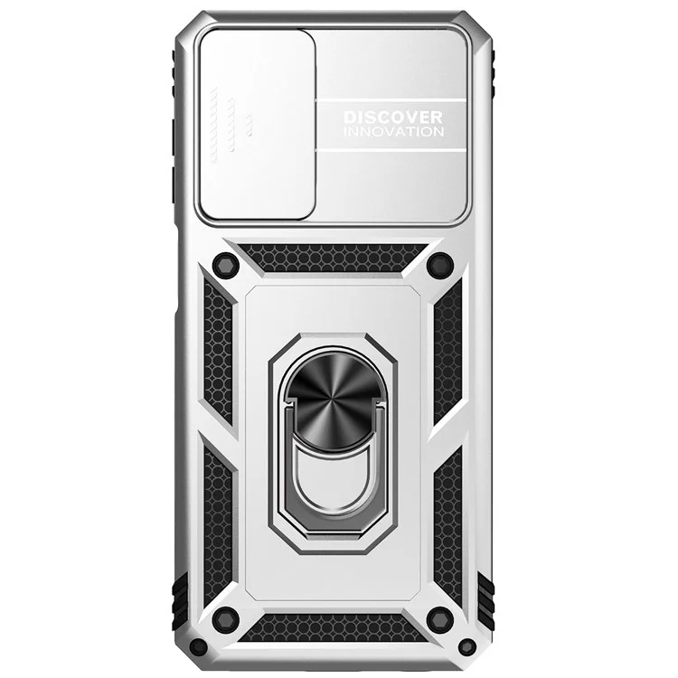 Pour Samsung Galaxy A23 4G / 5G (Version mondiale) PC + Étui de protection en TPU à double couche Slide Lens Protection résistant aux rayures Couvercle avec support magnétique rotatif intégré - Argent