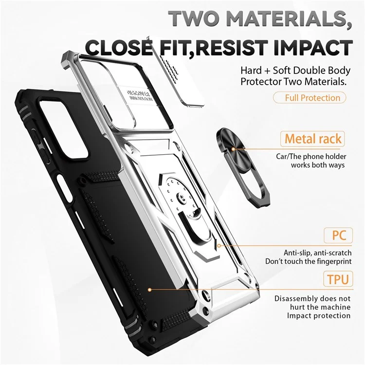Pour Samsung Galaxy A23 4G / 5G (Version mondiale) PC + Étui de protection en TPU à double couche Slide Lens Protection résistant aux rayures Couvercle avec support magnétique rotatif intégré - Argent