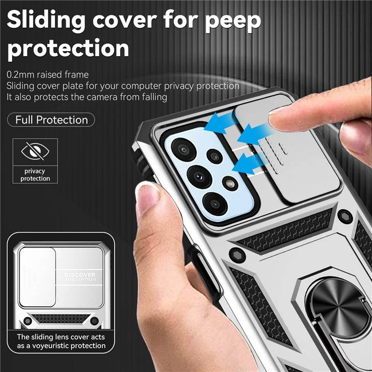 Pour Samsung Galaxy A23 4G / 5G (Version mondiale) PC + Étui de protection en TPU à double couche Slide Lens Protection résistant aux rayures Couvercle avec support magnétique rotatif intégré - Argent