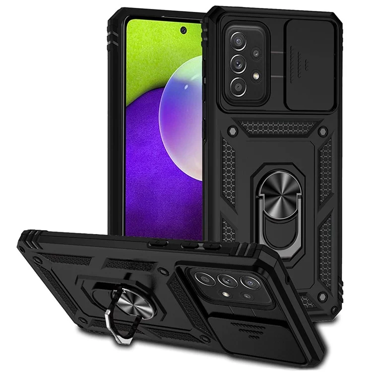 Per Samsung Galaxy A73 5G Case di Protezione Della Fotocamera TPU Mof + PC Hard Ibrido Design Assorbimento Assorbimento Coperchio Protettivo Con Anello Ruoto - Nero