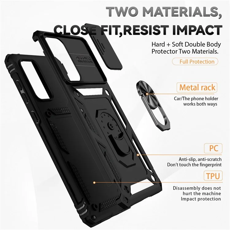 Per Samsung Galaxy A73 5G Case di Protezione Della Fotocamera TPU Mof + PC Hard Ibrido Design Assorbimento Assorbimento Coperchio Protettivo Con Anello Ruoto - Nero