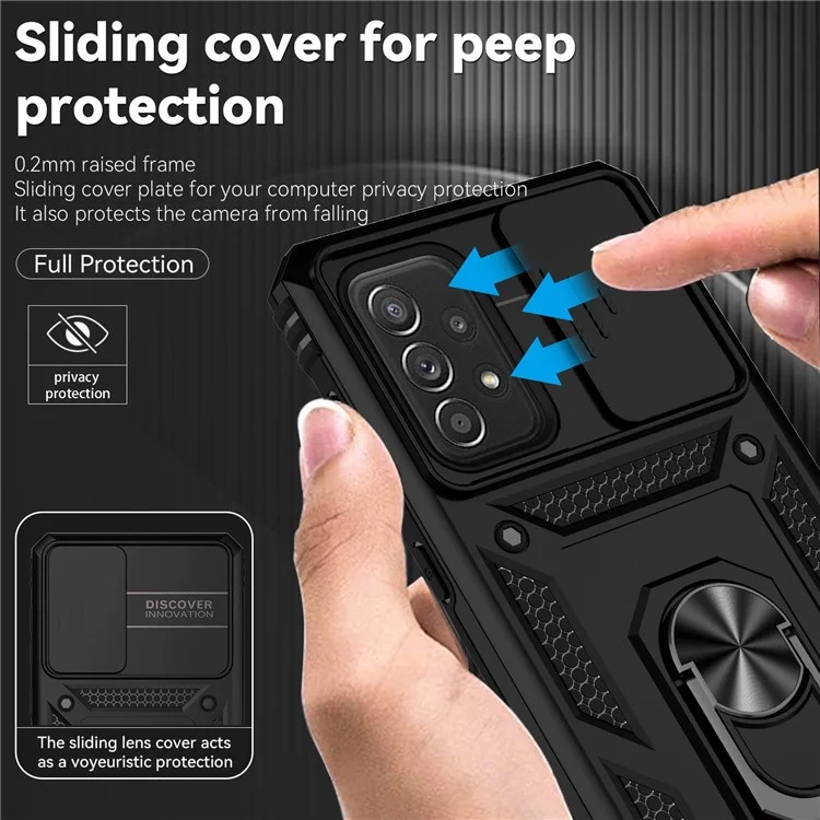 Per Samsung Galaxy A73 5G Case di Protezione Della Fotocamera TPU Mof + PC Hard Ibrido Design Assorbimento Assorbimento Coperchio Protettivo Con Anello Ruoto - Nero