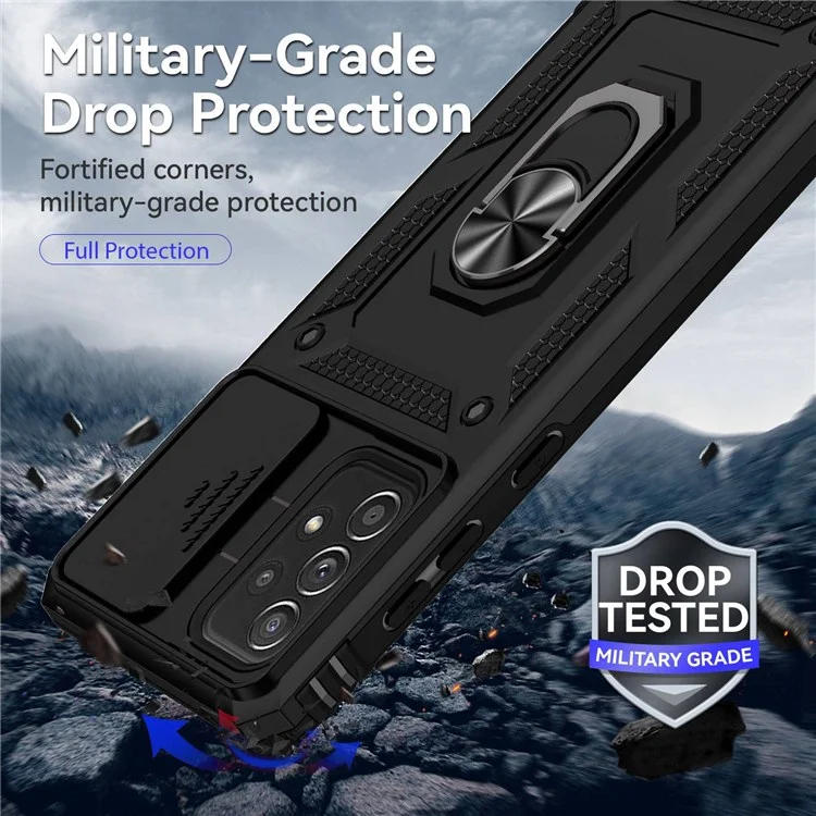 Per Samsung Galaxy A73 5G Case di Protezione Della Fotocamera TPU Mof + PC Hard Ibrido Design Assorbimento Assorbimento Coperchio Protettivo Con Anello Ruoto - Nero