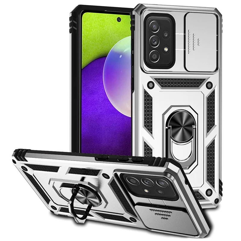 For Samsung Galaxy A73 5G Camera Protection Case Soft TPU + Hard PC Hybrid Design Shock Absorption Protective Cover with Rotating Ring Kickstand - Silver