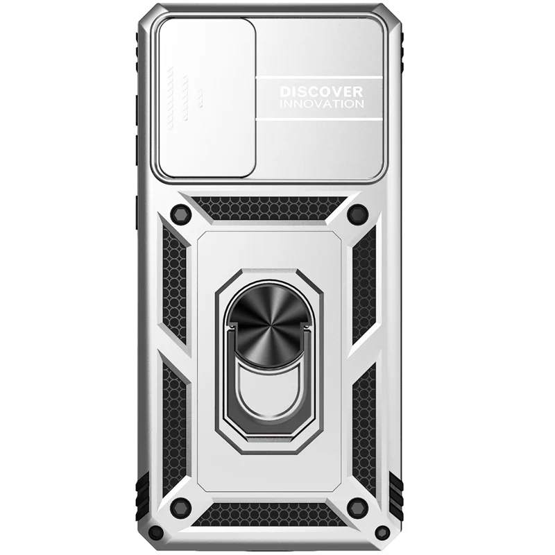 For Samsung Galaxy A73 5G Camera Protection Case Soft TPU + Hard PC Hybrid Design Shock Absorption Protective Cover with Rotating Ring Kickstand - Silver
