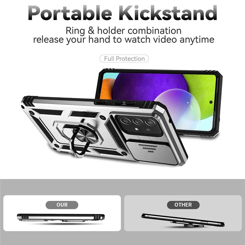 For Samsung Galaxy A73 5G Camera Protection Case Soft TPU + Hard PC Hybrid Design Shock Absorption Protective Cover with Rotating Ring Kickstand - Silver