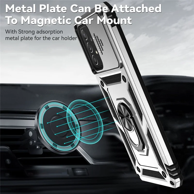 For Samsung Galaxy A73 5G Camera Protection Case Soft TPU + Hard PC Hybrid Design Shock Absorption Protective Cover with Rotating Ring Kickstand - Silver