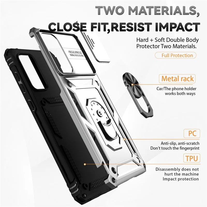 For Samsung Galaxy A73 5G Camera Protection Case Soft TPU + Hard PC Hybrid Design Shock Absorption Protective Cover with Rotating Ring Kickstand - Silver