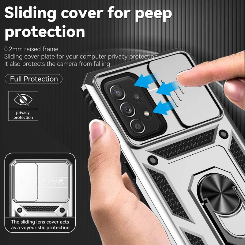 For Samsung Galaxy A73 5G Camera Protection Case Soft TPU + Hard PC Hybrid Design Shock Absorption Protective Cover with Rotating Ring Kickstand - Silver