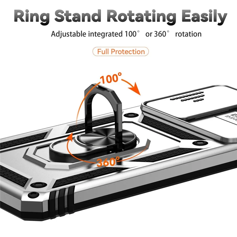 For Samsung Galaxy A73 5G Camera Protection Case Soft TPU + Hard PC Hybrid Design Shock Absorption Protective Cover with Rotating Ring Kickstand - Silver