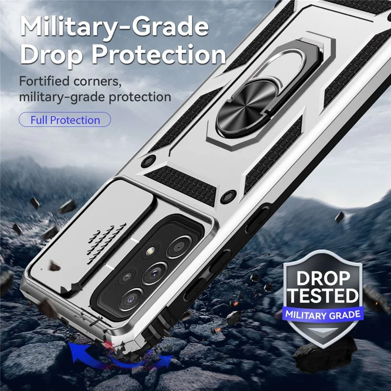 For Samsung Galaxy A73 5G Camera Protection Case Soft TPU + Hard PC Hybrid Design Shock Absorption Protective Cover with Rotating Ring Kickstand - Silver