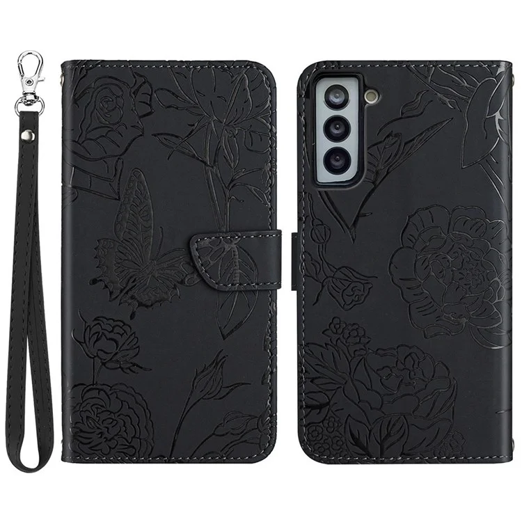 Per Samsung Galaxy S21 + 5G Magnetico Farfalla Flower Pattern Impressata Cuoio Flip Portafoglio Custodia Folio Stand Vista Pelle-touch Sensazione Guscio Con Cinturino Da Polso - Nero