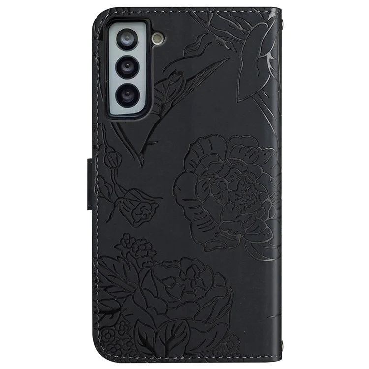 Per Samsung Galaxy S21 + 5G Magnetico Farfalla Flower Pattern Impressata Cuoio Flip Portafoglio Custodia Folio Stand Vista Pelle-touch Sensazione Guscio Con Cinturino Da Polso - Nero