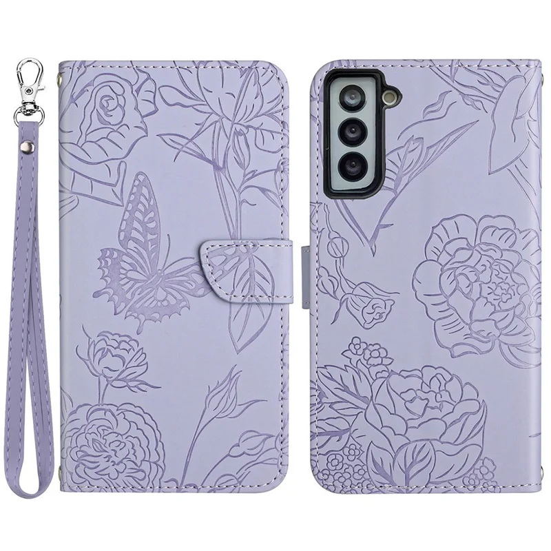 For Samsung Galaxy S21+ 5G Magnetic Butterfly Flower Pattern Imprinted Leather Flip Wallet Case Folio Stand View Skin-touch Feeling Shell with Wrist Strap - Light Purple