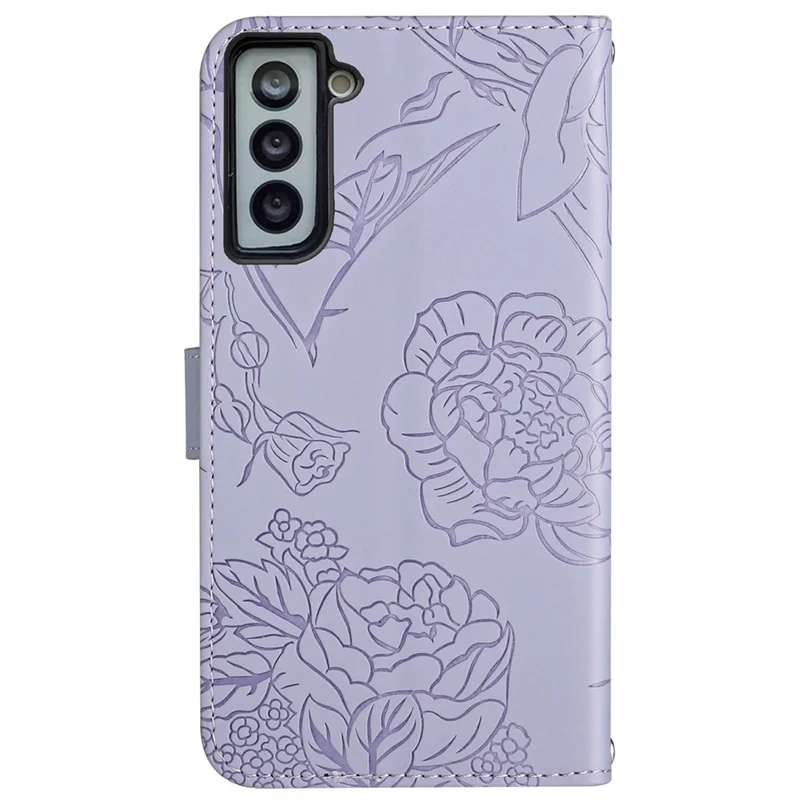 For Samsung Galaxy S21+ 5G Magnetic Butterfly Flower Pattern Imprinted Leather Flip Wallet Case Folio Stand View Skin-touch Feeling Shell with Wrist Strap - Light Purple
