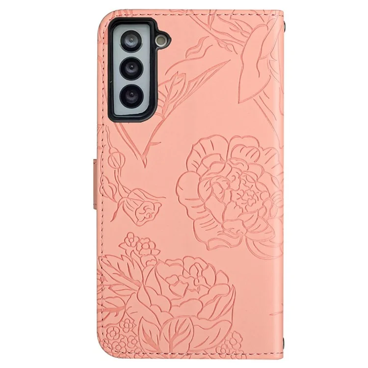 For Samsung Galaxy S21 4G/5G PU Leather Book Wallet Case Full Body Butterfly Flower Pattern Imprinted Skin-touch Feeling Stand Function Cover with Strap - Pink