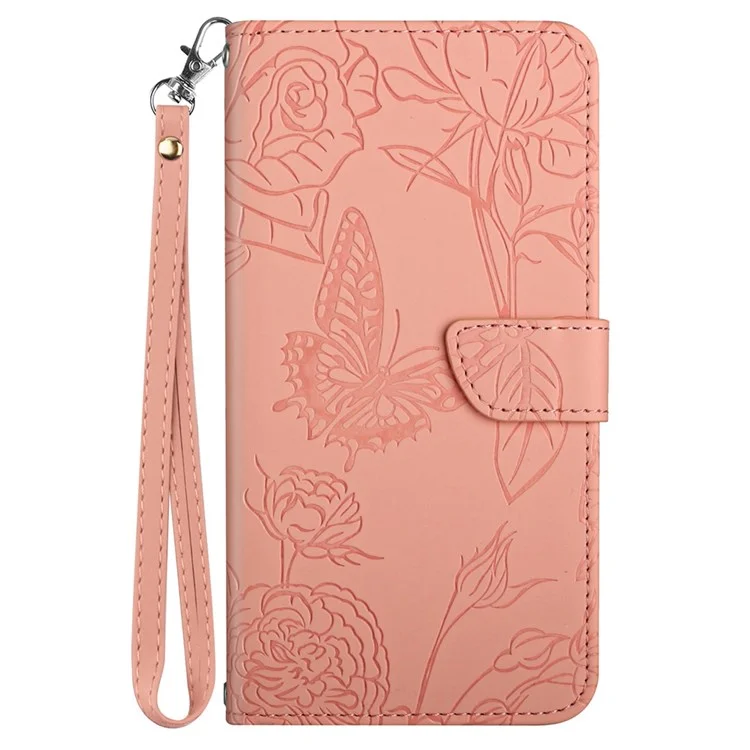 For Samsung Galaxy S21 4G/5G PU Leather Book Wallet Case Full Body Butterfly Flower Pattern Imprinted Skin-touch Feeling Stand Function Cover with Strap - Pink