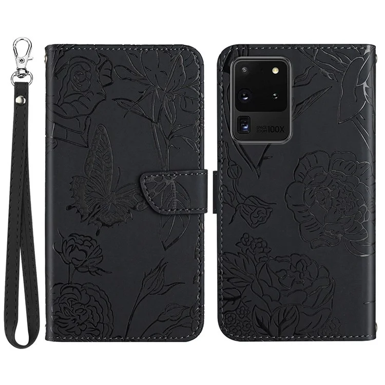 Für Samsung Galaxy S20 Ultra PU Leder Schmetterlingsblummuster Geprägtes Brieftaschenstand Hülle Innere TPU Hauttouch Feeling Mit Riemen - Schwarz