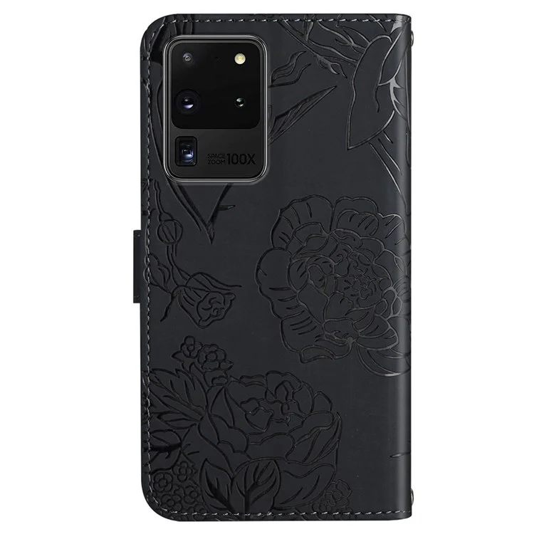 Für Samsung Galaxy S20 Ultra PU Leder Schmetterlingsblummuster Geprägtes Brieftaschenstand Hülle Innere TPU Hauttouch Feeling Mit Riemen - Schwarz