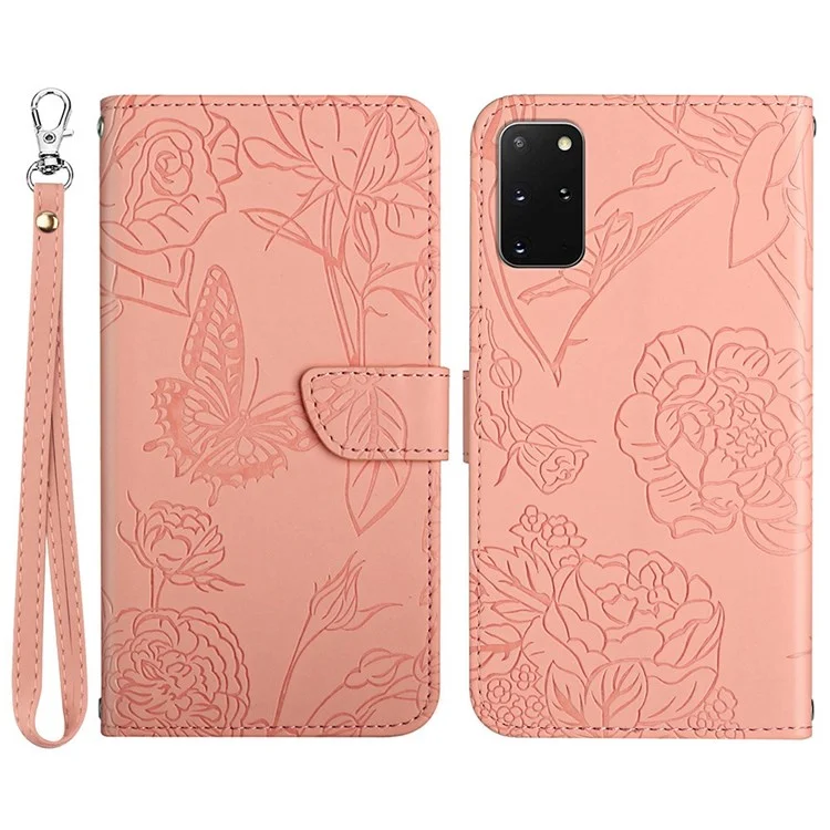 Pour Samsung Galaxy S20 Plus 4g / 5g Patché à Fleurs de Papillon Butter Imprimé Support de Support de Pliage de la Peau pu le Cuir Portefeuille Flip Cover Avec Sangle - Rose