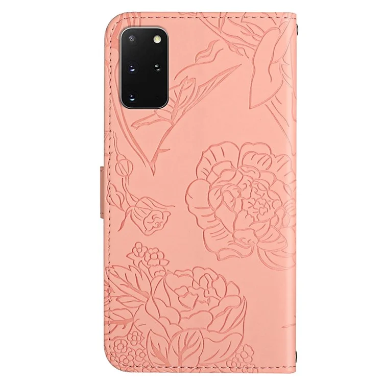 Pour Samsung Galaxy S20 Plus 4g / 5g Patché à Fleurs de Papillon Butter Imprimé Support de Support de Pliage de la Peau pu le Cuir Portefeuille Flip Cover Avec Sangle - Rose