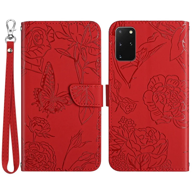 Til Samsung Galaxy S20 Plus 4G/5G Sommertøjsblomstermønster Printet Foldbar Stand Case Hudfølelse PU Læder Wallet Style Flip Cover med Snor - Rød