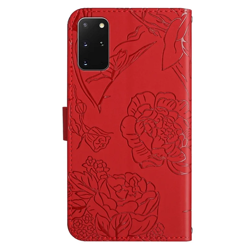 Til Samsung Galaxy S20 Plus 4G/5G Sommertøjsblomstermønster Printet Foldbar Stand Case Hudfølelse PU Læder Wallet Style Flip Cover med Snor - Rød